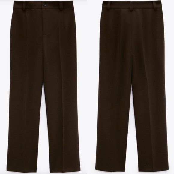 Zara Dress Pants Straight Tapered Leg Swiss Dot Brown Textured Trouser SZ 10 - Picture 2 of 16